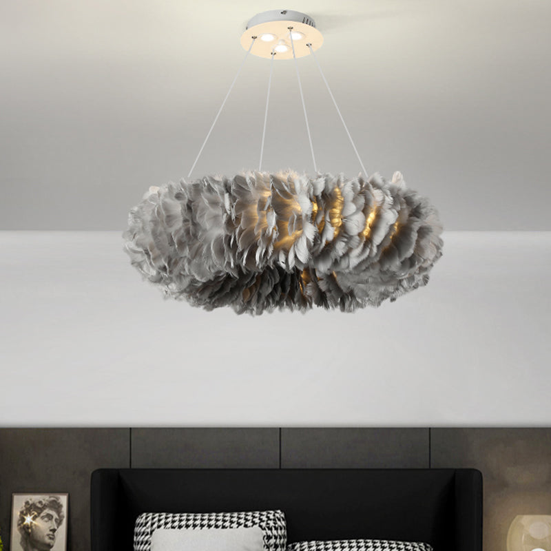 Loop Bedroom Ceiling Chandelier Fabric 3/6-Light Modernism Feather Suspended Pendant Lamp in White/Grey/Pink Grey Clearhalo 'Ceiling Lights' 'Chandeliers' 'Modern Chandeliers' 'Modern' Lighting' 717585