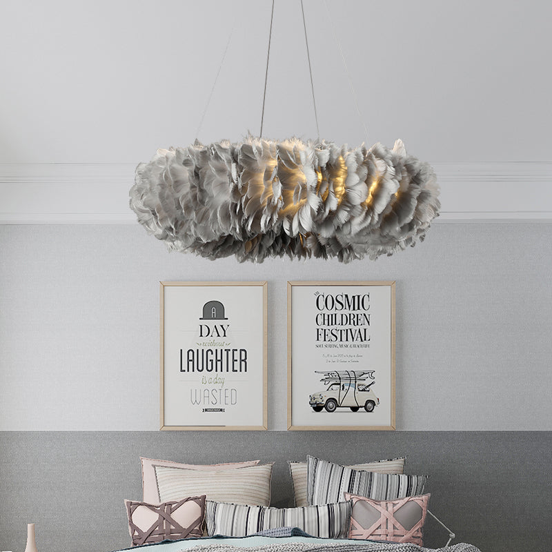 Loop Bedroom Ceiling Chandelier Fabric 3/6-Light Modernism Feather Suspended Pendant Lamp in White/Grey/Pink Clearhalo 'Ceiling Lights' 'Chandeliers' 'Modern Chandeliers' 'Modern' Lighting' 717586