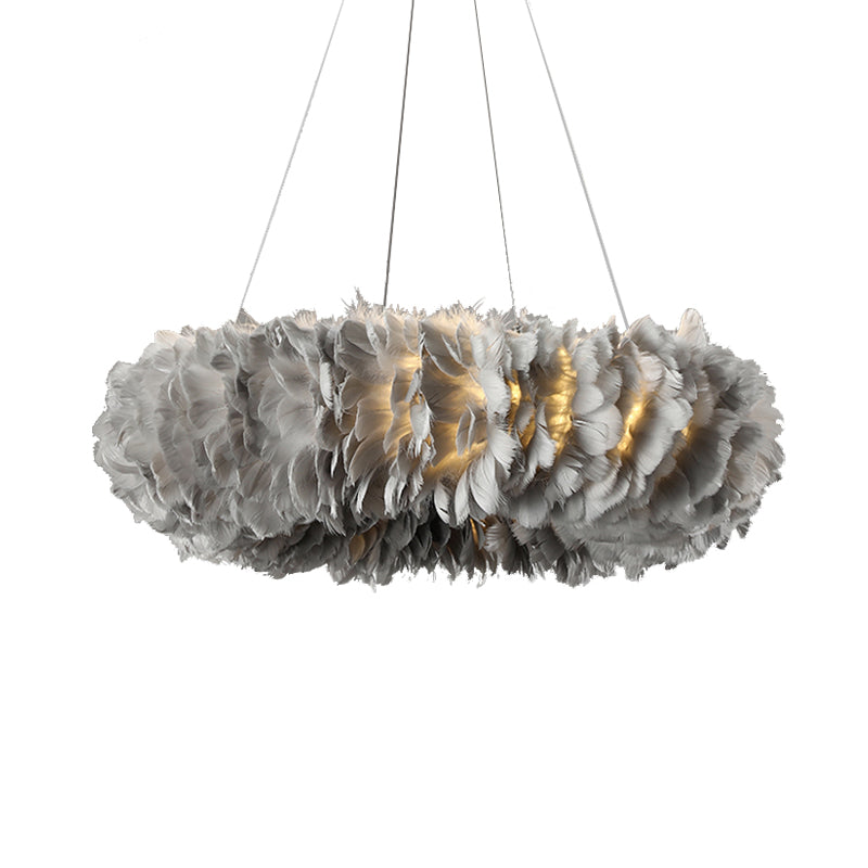Loop Bedroom Ceiling Chandelier Fabric 3/6-Light Modernism Feather Suspended Pendant Lamp in White/Grey/Pink Clearhalo 'Ceiling Lights' 'Chandeliers' 'Modern Chandeliers' 'Modern' Lighting' 717587