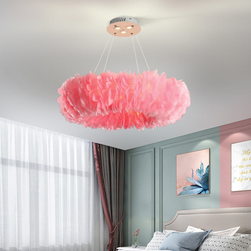 Loop Bedroom Ceiling Chandelier Fabric 3/6-Light Modernism Feather Suspended Pendant Lamp in White/Grey/Pink Clearhalo 'Ceiling Lights' 'Chandeliers' 'Modern Chandeliers' 'Modern' Lighting' 717589