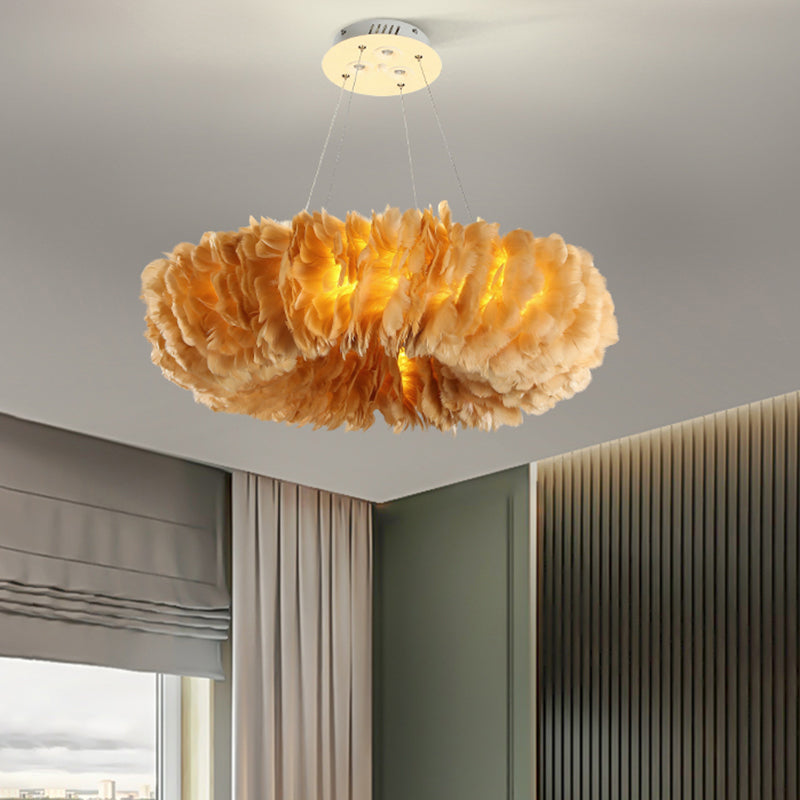 Loop Bedroom Ceiling Chandelier Fabric 3/6-Light Modernism Feather Suspended Pendant Lamp in White/Grey/Pink Yellow Clearhalo 'Ceiling Lights' 'Chandeliers' 'Modern Chandeliers' 'Modern' Lighting' 717591