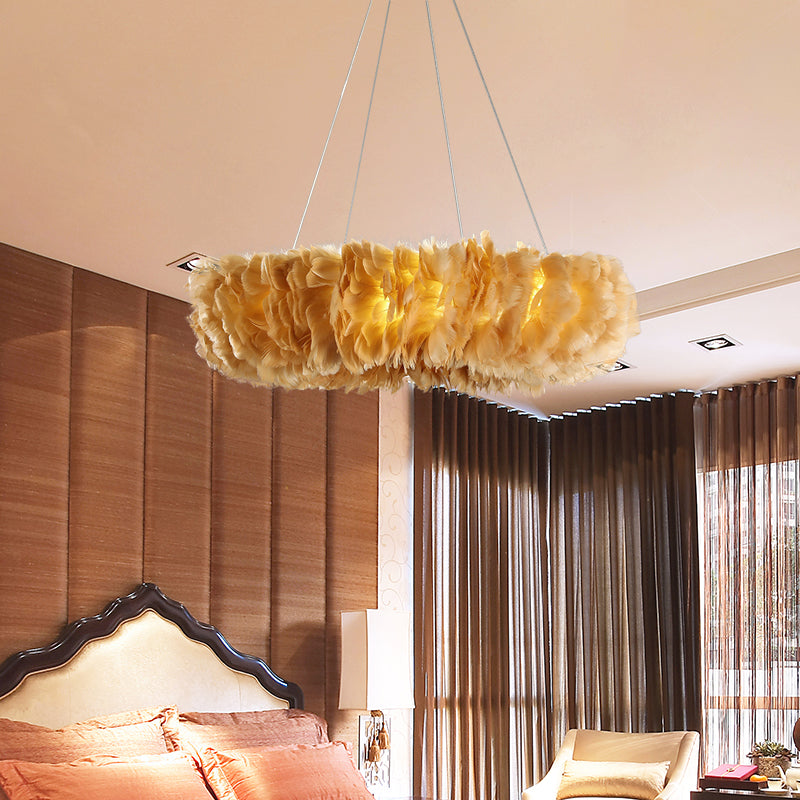 Loop Bedroom Ceiling Chandelier Fabric 3/6-Light Modernism Feather Suspended Pendant Lamp in White/Grey/Pink Clearhalo 'Ceiling Lights' 'Chandeliers' 'Modern Chandeliers' 'Modern' Lighting' 717592