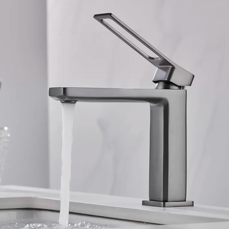 Modern Knob Handle Square Faucet Brass Deck Mounted Bathroom Sink Faucet Gun Grey Cutouts Clearhalo 'Bathroom Remodel & Bathroom Fixtures' 'Bathroom Sink Faucets' 'Bathroom Sinks & Faucet Components' 'bathroom_sink_faucets' 'Home Improvement' 'home_improvement' 'home_improvement_bathroom_sink_faucets' 7182481