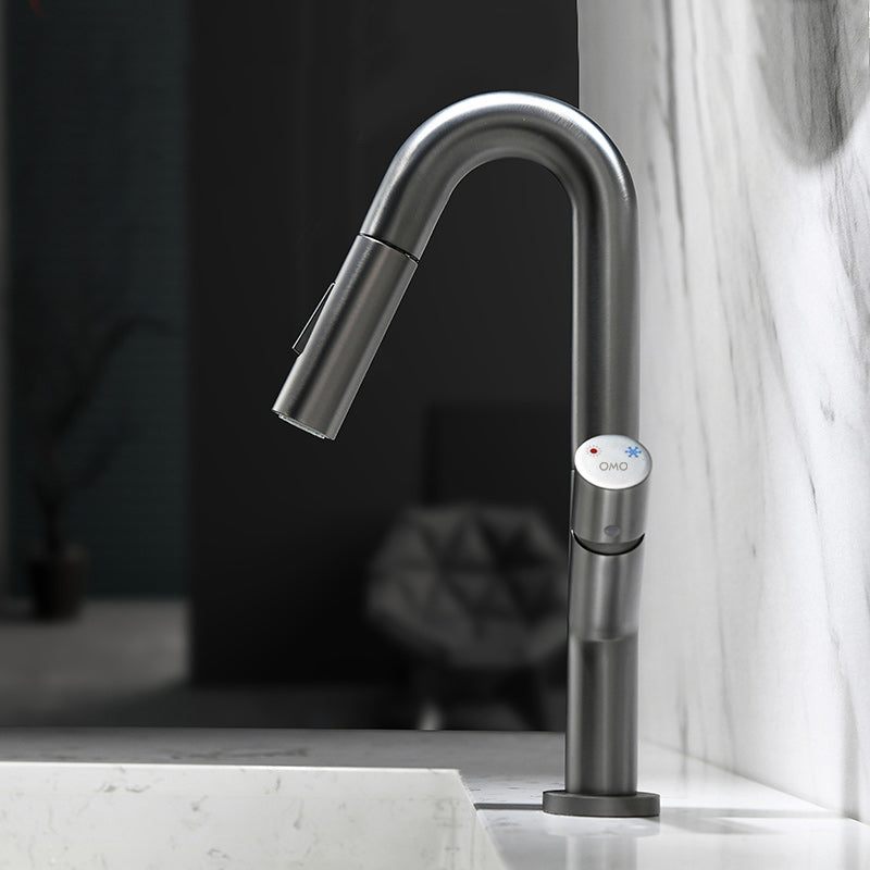 Knob Handle Pull Faucet Brass Deck Mounted Bathroom Sink Faucet Gun Grey Clearhalo 'Bathroom Remodel & Bathroom Fixtures' 'Bathroom Sink Faucets' 'Bathroom Sinks & Faucet Components' 'bathroom_sink_faucets' 'Home Improvement' 'home_improvement' 'home_improvement_bathroom_sink_faucets' 7182514