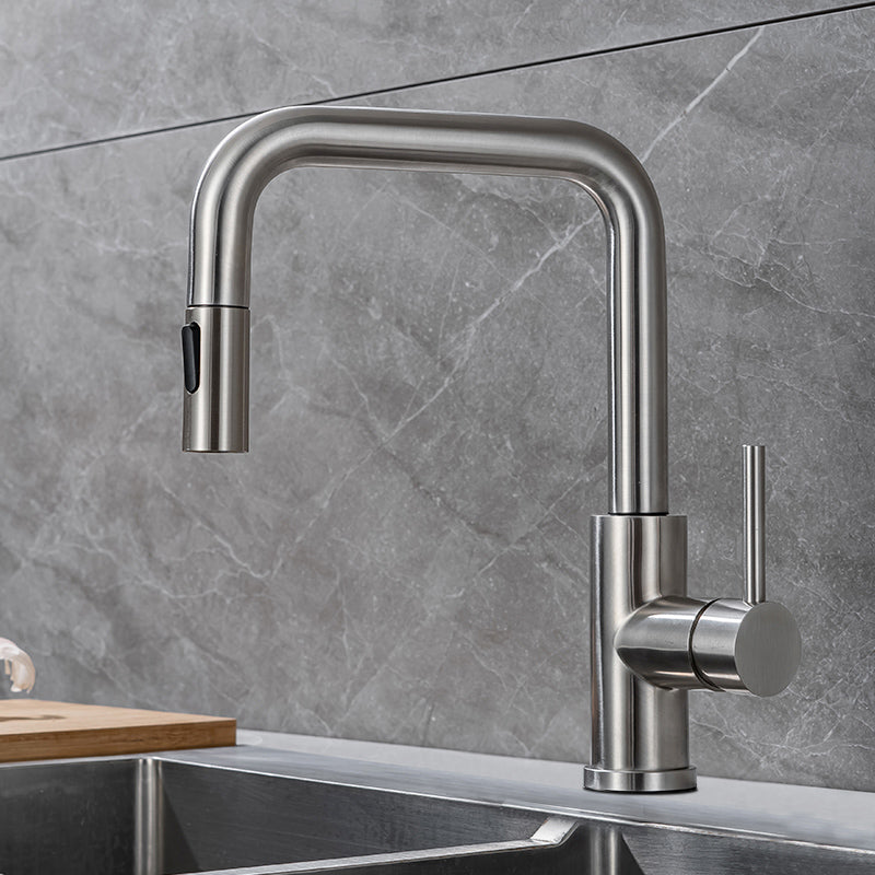 Modern Pull Out Single Rotary Switch Kitchen Faucet High Profile Faucet Nickel Dual Mode Clearhalo 'Home Improvement' 'home_improvement' 'home_improvement_kitchen_faucets' 'Kitchen Faucets' 'Kitchen Remodel & Kitchen Fixtures' 'Kitchen Sinks & Faucet Components' 'kitchen_faucets' 7182638