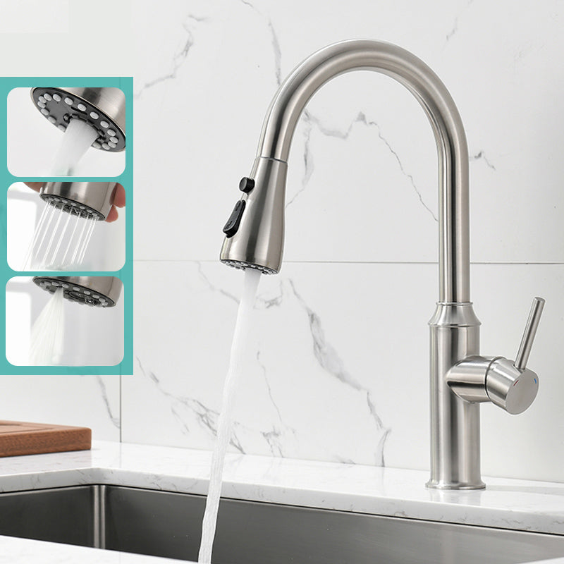 Modern Pull Out Single Rotary Switch Kitchen Faucet High Profile Faucet Nickel Tri-Mode Clearhalo 'Home Improvement' 'home_improvement' 'home_improvement_kitchen_faucets' 'Kitchen Faucets' 'Kitchen Remodel & Kitchen Fixtures' 'Kitchen Sinks & Faucet Components' 'kitchen_faucets' 7182644