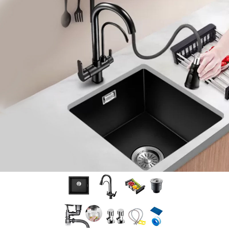 Black Kitchen Sink Ceramic Pull-out Faucet Anti-spill Rod Handle Sink 14"L x 13"W x 9"H Sink with Faucet Multifunctional Faucet Clearhalo 'Home Improvement' 'home_improvement' 'home_improvement_kitchen_sinks' 'Kitchen Remodel & Kitchen Fixtures' 'Kitchen Sinks & Faucet Components' 'Kitchen Sinks' 'kitchen_sinks' 7182871