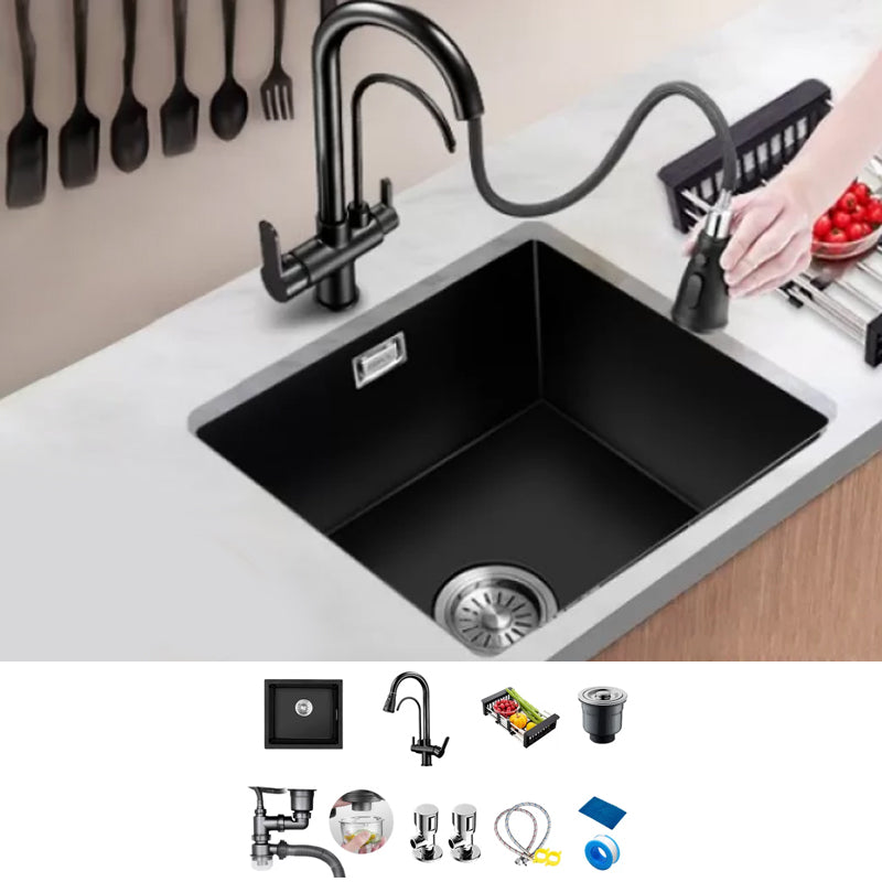 Black Kitchen Sink Ceramic Pull-out Faucet Anti-spill Rod Handle Sink 22"L x 17"W x 9"H Sink with Faucet Multifunctional Faucet Clearhalo 'Home Improvement' 'home_improvement' 'home_improvement_kitchen_sinks' 'Kitchen Remodel & Kitchen Fixtures' 'Kitchen Sinks & Faucet Components' 'Kitchen Sinks' 'kitchen_sinks' 7182872