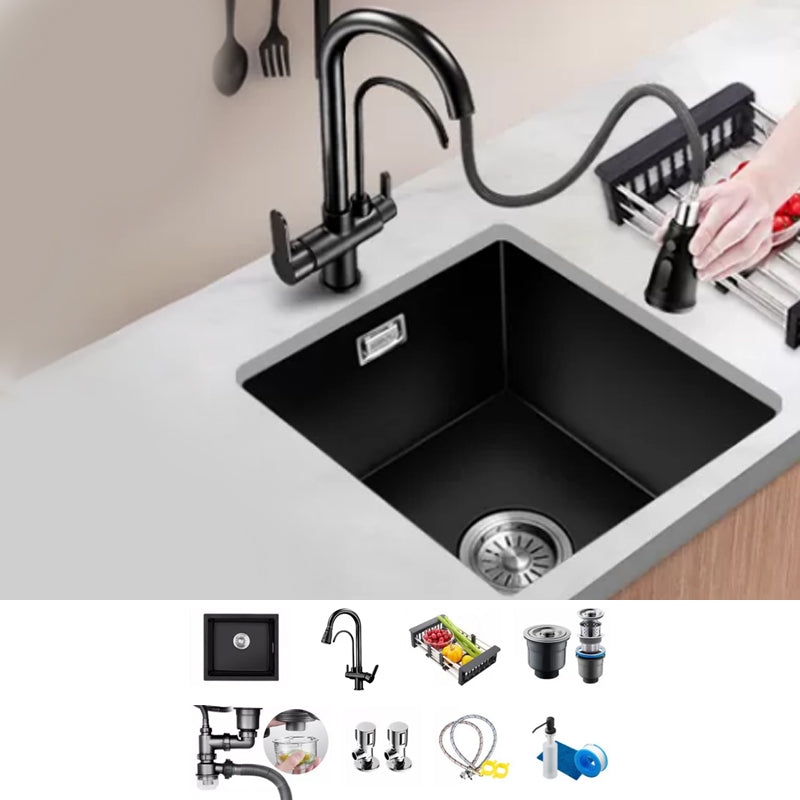 Black Kitchen Sink Ceramic Pull-out Faucet Anti-spill Rod Handle Sink 16"L x 12"W x 9"H Sink with Faucet Multifunctional Faucet Clearhalo 'Home Improvement' 'home_improvement' 'home_improvement_kitchen_sinks' 'Kitchen Remodel & Kitchen Fixtures' 'Kitchen Sinks & Faucet Components' 'Kitchen Sinks' 'kitchen_sinks' 7182873