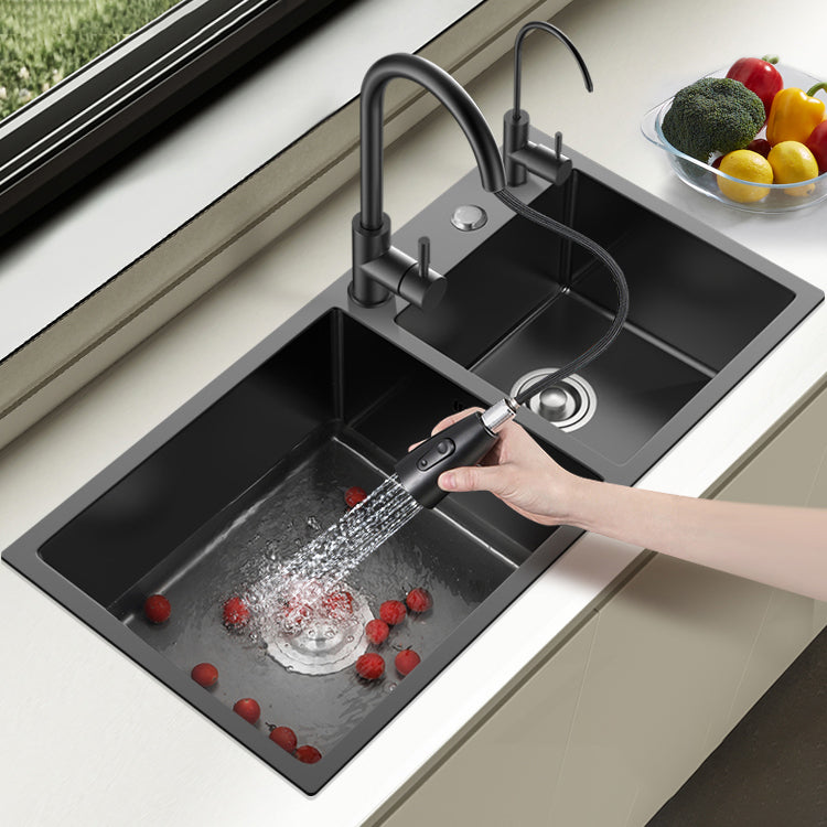 Scratch Resistant Kitchen Sink Stainless Steel Double Sink Black Undermount Kitchen Sink 39"L x 18"W x 8"H Sink with Faucet Double Tap for Water Purification Clearhalo 'Home Improvement' 'home_improvement' 'home_improvement_kitchen_sinks' 'Kitchen Remodel & Kitchen Fixtures' 'Kitchen Sinks & Faucet Components' 'Kitchen Sinks' 'kitchen_sinks' 7183032