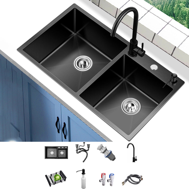Scratch Resistant Kitchen Sink Stainless Steel Double Sink Black Undermount Kitchen Sink Sink with Faucet Round Faucet Clearhalo 'Home Improvement' 'home_improvement' 'home_improvement_kitchen_sinks' 'Kitchen Remodel & Kitchen Fixtures' 'Kitchen Sinks & Faucet Components' 'Kitchen Sinks' 'kitchen_sinks' 7183033