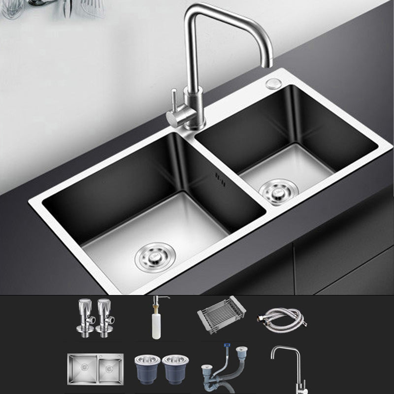 Modern Style Kitchen Sink Stainless Steel Kitchen Double Sink with Soundproofing Sink with Faucet Straight Faucet Clearhalo 'Home Improvement' 'home_improvement' 'home_improvement_kitchen_sinks' 'Kitchen Remodel & Kitchen Fixtures' 'Kitchen Sinks & Faucet Components' 'Kitchen Sinks' 'kitchen_sinks' 7183086