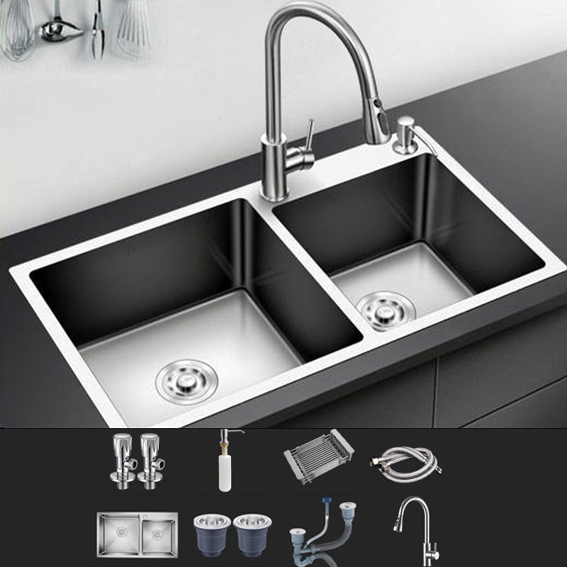 Modern Style Kitchen Sink Stainless Steel Kitchen Double Sink with Soundproofing 28"L x 16"W x 8"H Sink with Faucet Pull Out Faucet Clearhalo 'Home Improvement' 'home_improvement' 'home_improvement_kitchen_sinks' 'Kitchen Remodel & Kitchen Fixtures' 'Kitchen Sinks & Faucet Components' 'Kitchen Sinks' 'kitchen_sinks' 7183090