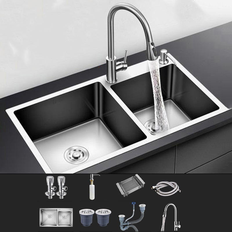 Modern Style Kitchen Sink Stainless Steel Kitchen Double Sink with Soundproofing Sink with Faucet Pull Out Faucet Clearhalo 'Home Improvement' 'home_improvement' 'home_improvement_kitchen_sinks' 'Kitchen Remodel & Kitchen Fixtures' 'Kitchen Sinks & Faucet Components' 'Kitchen Sinks' 'kitchen_sinks' 7183092