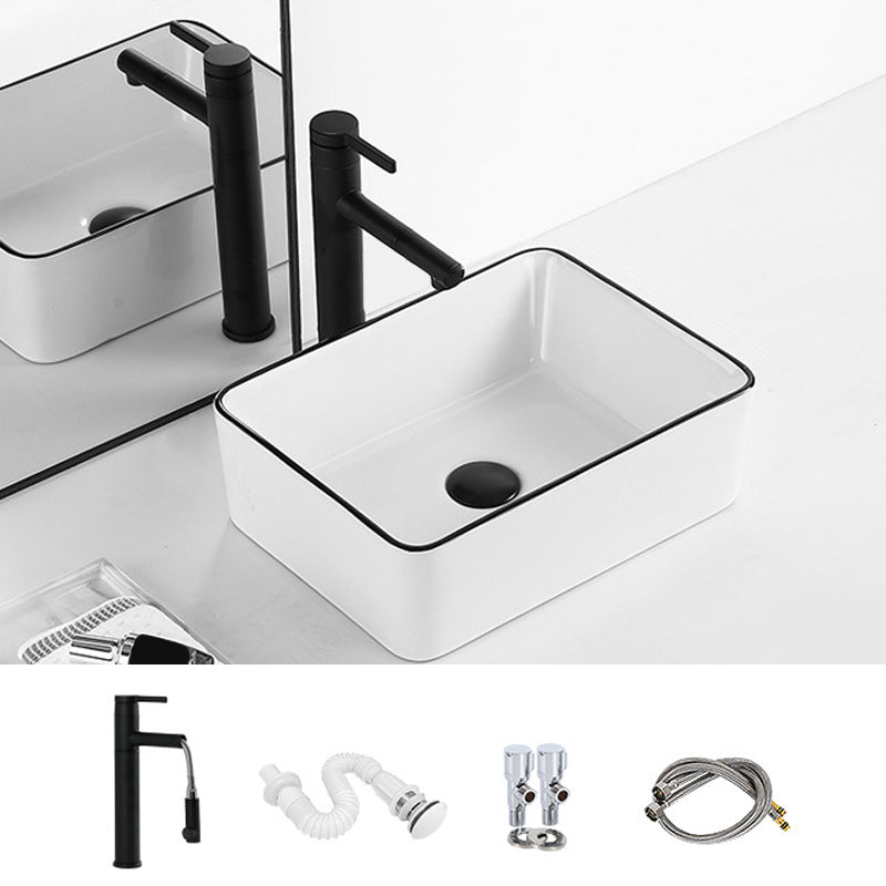 Contemporary Bathroom Sink with Pop-Up Drain Porcelain Rectangular Vessel 16"L x 12"W x 5"H Black Sink with Faucet Clearhalo 'Bathroom Remodel & Bathroom Fixtures' 'Bathroom Sinks & Faucet Components' 'Bathroom Sinks' 'bathroom_sink' 'Home Improvement' 'home_improvement' 'home_improvement_bathroom_sink' 7183151
