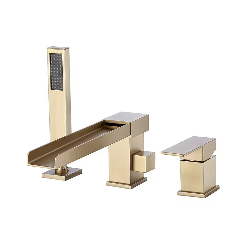 Traditional Deck Mounted Roman Tub Faucet Copper Low Arc Roman Tub Faucet Set Gold 3 Hole Faucets Waterfall Faucet Included Clearhalo 'Bathroom Remodel & Bathroom Fixtures' 'Bathtub Faucets' 'bathtub_faucets' 'Home Improvement' 'home_improvement' 'home_improvement_bathtub_faucets' 7183254