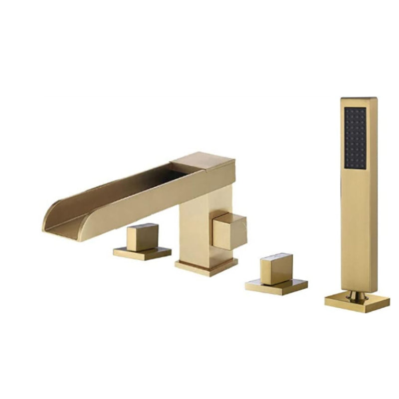 Traditional Deck Mounted Roman Tub Faucet Copper Low Arc Roman Tub Faucet Set Gold 4 Hole Faucets Waterfall Faucet Included Clearhalo 'Bathroom Remodel & Bathroom Fixtures' 'Bathtub Faucets' 'bathtub_faucets' 'Home Improvement' 'home_improvement' 'home_improvement_bathtub_faucets' 7183256