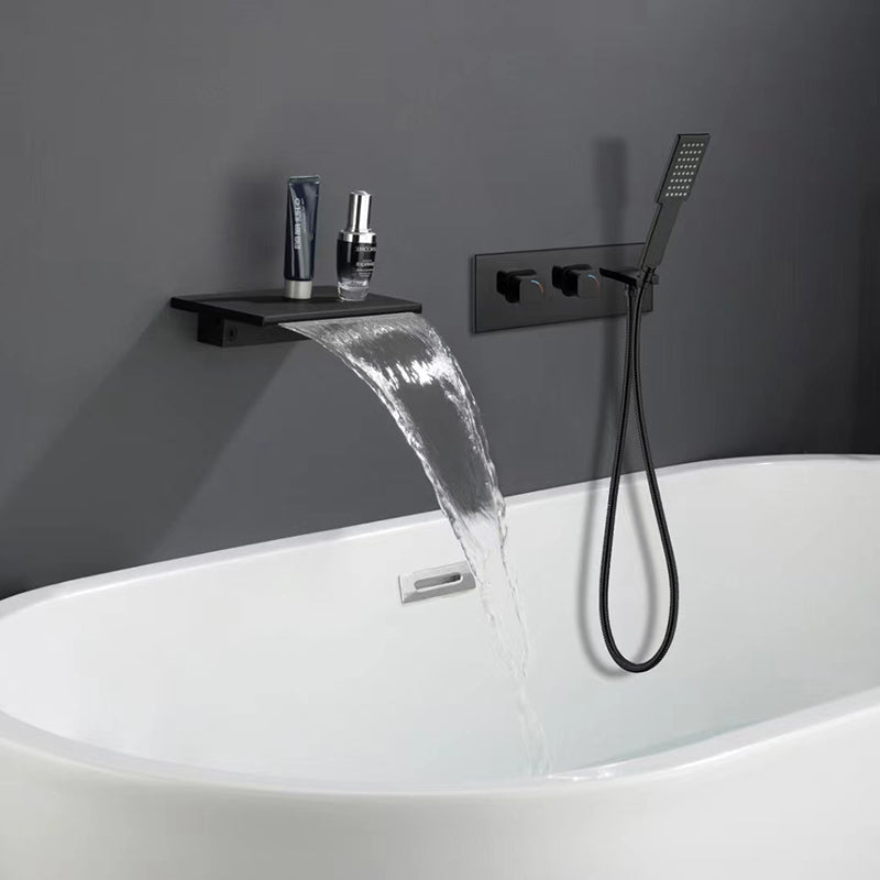 Deck Mounted Copper Roman Tub Faucet Waterfall Low Arc Roman Tub Faucet Black Hand Shower Included Clearhalo 'Bathroom Remodel & Bathroom Fixtures' 'Bathtub Faucets' 'bathtub_faucets' 'Home Improvement' 'home_improvement' 'home_improvement_bathtub_faucets' 7183322