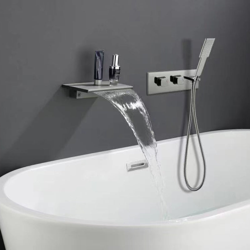 Deck Mounted Copper Roman Tub Faucet Waterfall Low Arc Roman Tub Faucet Gun Grey Hand Shower Included Clearhalo 'Bathroom Remodel & Bathroom Fixtures' 'Bathtub Faucets' 'bathtub_faucets' 'Home Improvement' 'home_improvement' 'home_improvement_bathtub_faucets' 7183323