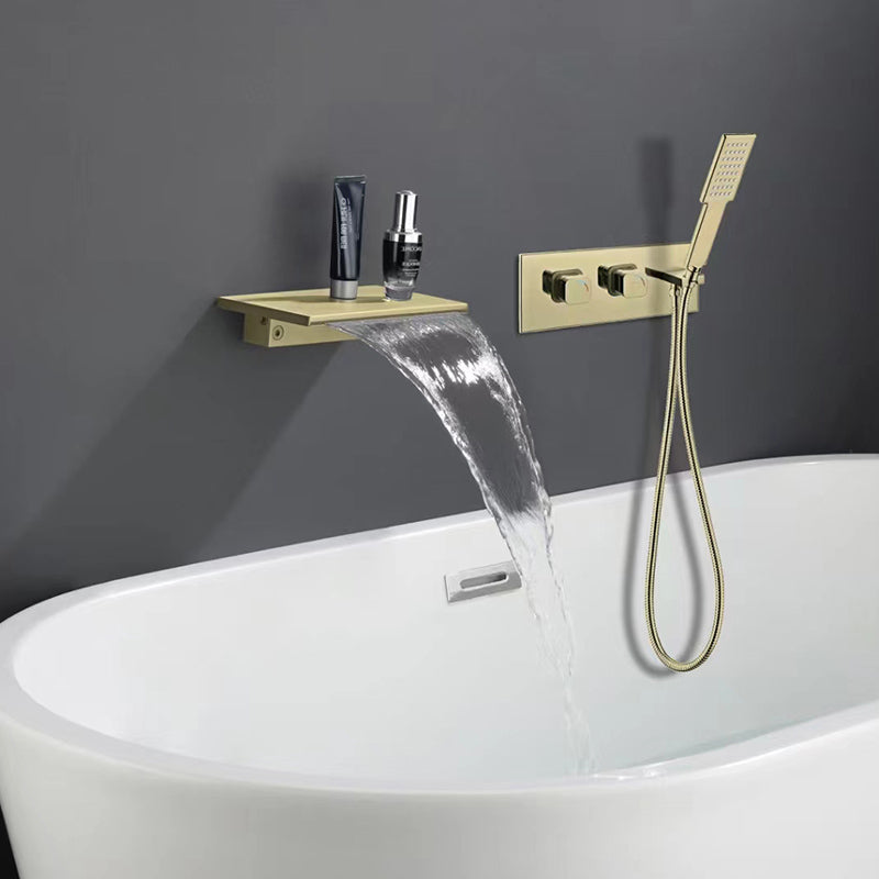 Deck Mounted Copper Roman Tub Faucet Waterfall Low Arc Roman Tub Faucet Gold Hand Shower Included Clearhalo 'Bathroom Remodel & Bathroom Fixtures' 'Bathtub Faucets' 'bathtub_faucets' 'Home Improvement' 'home_improvement' 'home_improvement_bathtub_faucets' 7183327