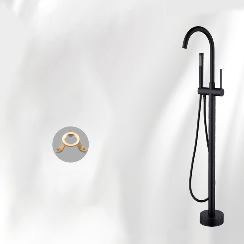 Brass Freestanding Tub Filler with Hand Shower Floor Mounted Bathroom Faucet Black Ground Clearhalo 'Bathroom Remodel & Bathroom Fixtures' 'Bathtub Faucets' 'bathtub_faucets' 'Home Improvement' 'home_improvement' 'home_improvement_bathtub_faucets' 7183335