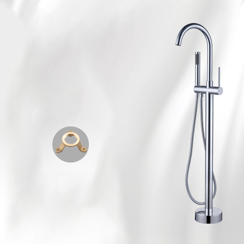 Brass Freestanding Tub Filler with Hand Shower Floor Mounted Bathroom Faucet Silver Ground Clearhalo 'Bathroom Remodel & Bathroom Fixtures' 'Bathtub Faucets' 'bathtub_faucets' 'Home Improvement' 'home_improvement' 'home_improvement_bathtub_faucets' 7183341