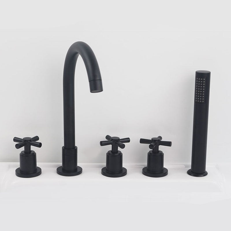 Modern Brass Tub Faucet in Black with 3 Handles Deck Mount Bathroom Faucet Cross Handles Waterfall Faucet Not Included Clearhalo 'Bathroom Remodel & Bathroom Fixtures' 'Bathtub Faucets' 'bathtub_faucets' 'Home Improvement' 'home_improvement' 'home_improvement_bathtub_faucets' 7183391