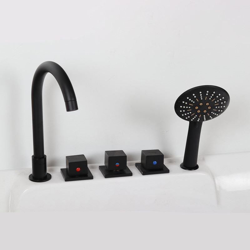 Modern Brass Tub Faucet in Black with 3 Handles Deck Mount Bathroom Faucet Square Handle Waterfall Faucet Not Included Clearhalo 'Bathroom Remodel & Bathroom Fixtures' 'Bathtub Faucets' 'bathtub_faucets' 'Home Improvement' 'home_improvement' 'home_improvement_bathtub_faucets' 7183396