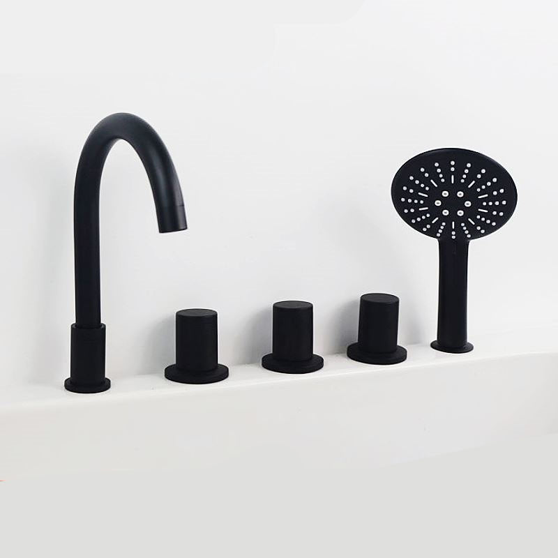 Modern Brass Tub Faucet in Black with 3 Handles Deck Mount Bathroom Faucet Cylindrical Handle Waterfall Faucet Not Included Clearhalo 'Bathroom Remodel & Bathroom Fixtures' 'Bathtub Faucets' 'bathtub_faucets' 'Home Improvement' 'home_improvement' 'home_improvement_bathtub_faucets' 7183398