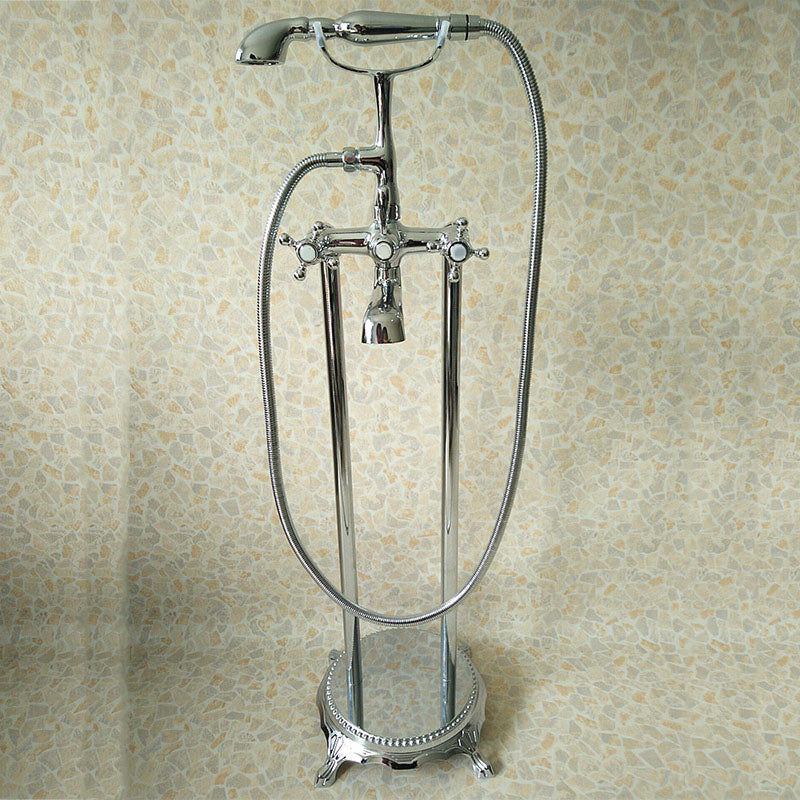 Classic Freestanding Tub Filler with Hand Shower Floor Mounted Faucet Silver Clearhalo 'Bathroom Remodel & Bathroom Fixtures' 'Bathtub Faucets' 'bathtub_faucets' 'Home Improvement' 'home_improvement' 'home_improvement_bathtub_faucets' 7183434