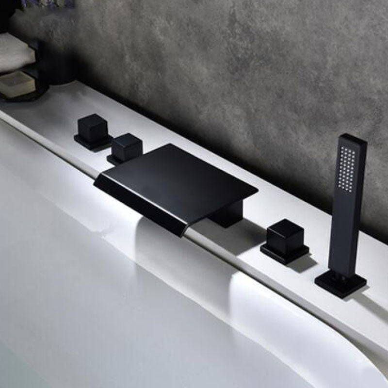 Modern Roman Tub Faucet with Waterfall Spout Deck Mount Bathroom Faucet Black Square Handle 5 Hole Faucets Clearhalo 'Bathroom Remodel & Bathroom Fixtures' 'Bathtub Faucets' 'bathtub_faucets' 'Home Improvement' 'home_improvement' 'home_improvement_bathtub_faucets' 7183437