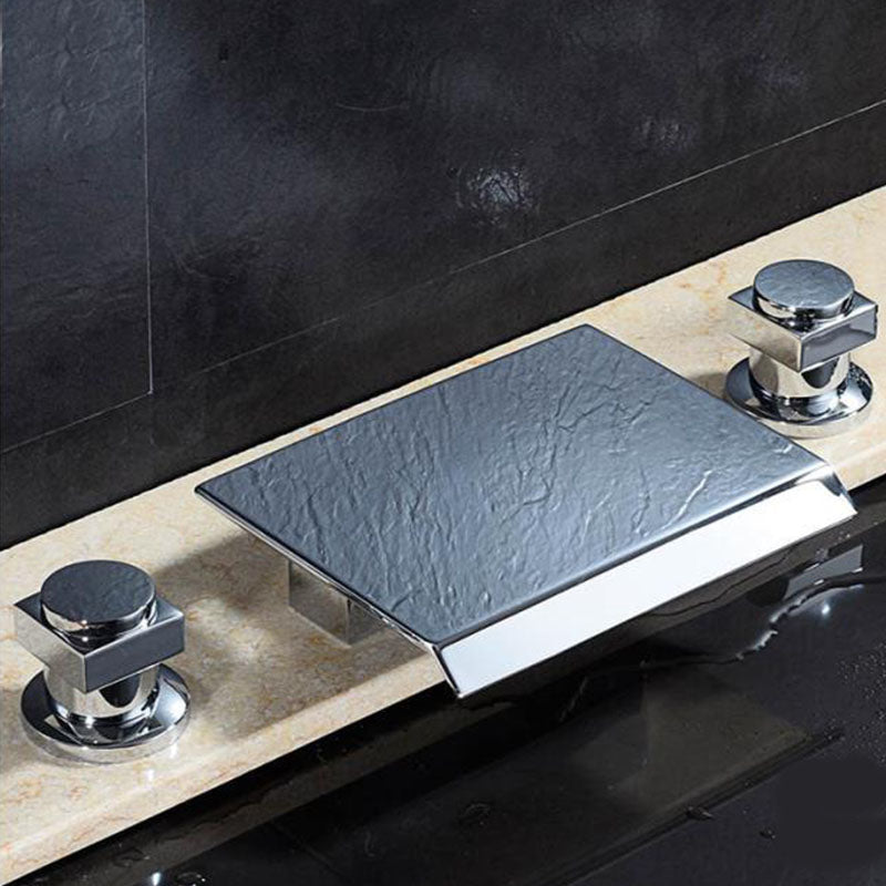 Modern Roman Tub Faucet with Waterfall Spout Deck Mount Bathroom Faucet Chrome Square Handle 3 Hole Faucets Clearhalo 'Bathroom Remodel & Bathroom Fixtures' 'Bathtub Faucets' 'bathtub_faucets' 'Home Improvement' 'home_improvement' 'home_improvement_bathtub_faucets' 7183438