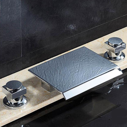 Modern Roman Tub Faucet with Waterfall Spout Deck Mount Bathroom Faucet Chrome Square Handle 3 Hole Faucets Clearhalo 'Bathroom Remodel & Bathroom Fixtures' 'Bathtub Faucets' 'bathtub_faucets' 'Home Improvement' 'home_improvement' 'home_improvement_bathtub_faucets' 7183438