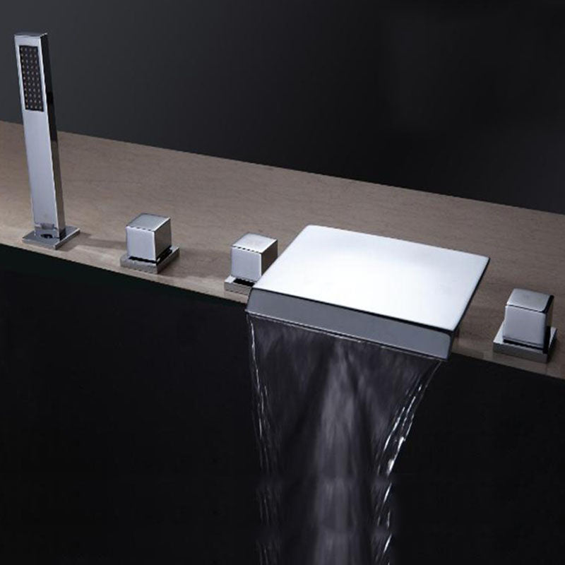 Modern Roman Tub Faucet with Waterfall Spout Deck Mount Bathroom Faucet Chrome Square Handle 5 Hole Faucets Clearhalo 'Bathroom Remodel & Bathroom Fixtures' 'Bathtub Faucets' 'bathtub_faucets' 'Home Improvement' 'home_improvement' 'home_improvement_bathtub_faucets' 7183440_7e7ff9ba-d137-43e5-a115-7cb54b518c2c
