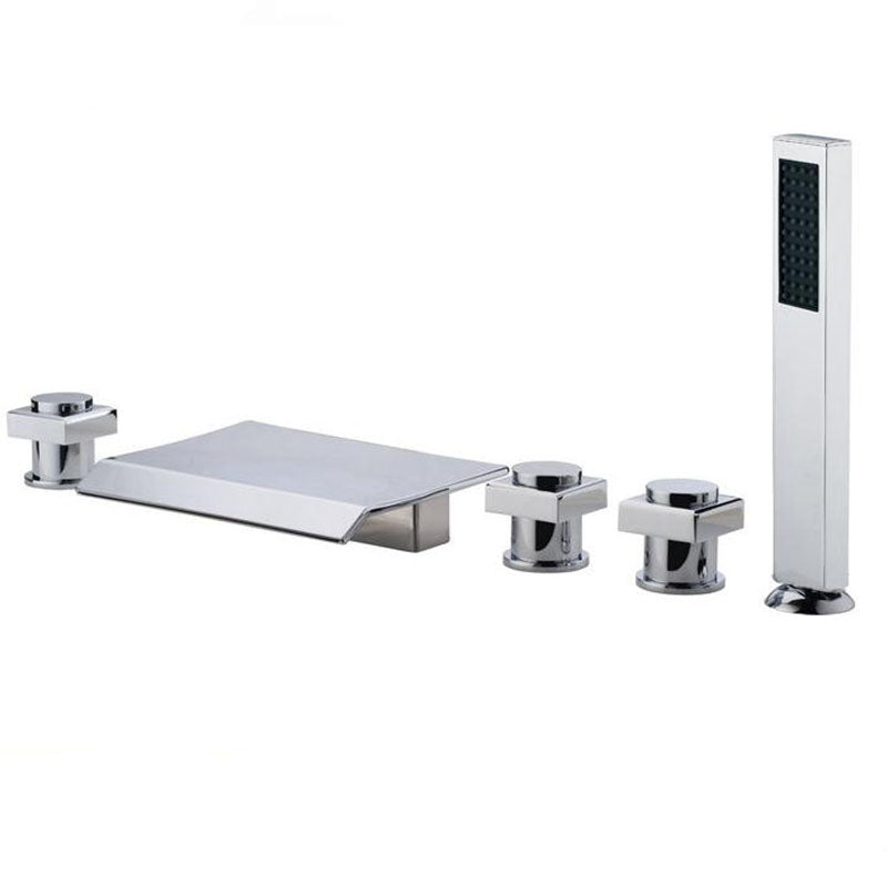 Modern Roman Tub Faucet with Waterfall Spout Deck Mount Bathroom Faucet Chrome Round Handle 5 Hole Faucets Clearhalo 'Bathroom Remodel & Bathroom Fixtures' 'Bathtub Faucets' 'bathtub_faucets' 'Home Improvement' 'home_improvement' 'home_improvement_bathtub_faucets' 7183442