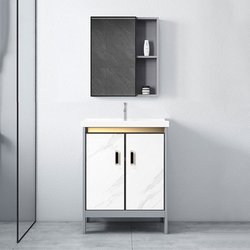 Ceramic Top Bathroom Vanity White Rectangle Single Sink Freestanding Mirror Vanity Set Vanity & Faucet & Mirror Cabinet 24"L x 15.7"W x 31.9"H Clearhalo 'Bathroom Remodel & Bathroom Fixtures' 'Bathroom Vanities' 'bathroom_vanities' 'Home Improvement' 'home_improvement' 'home_improvement_bathroom_vanities' 7184593