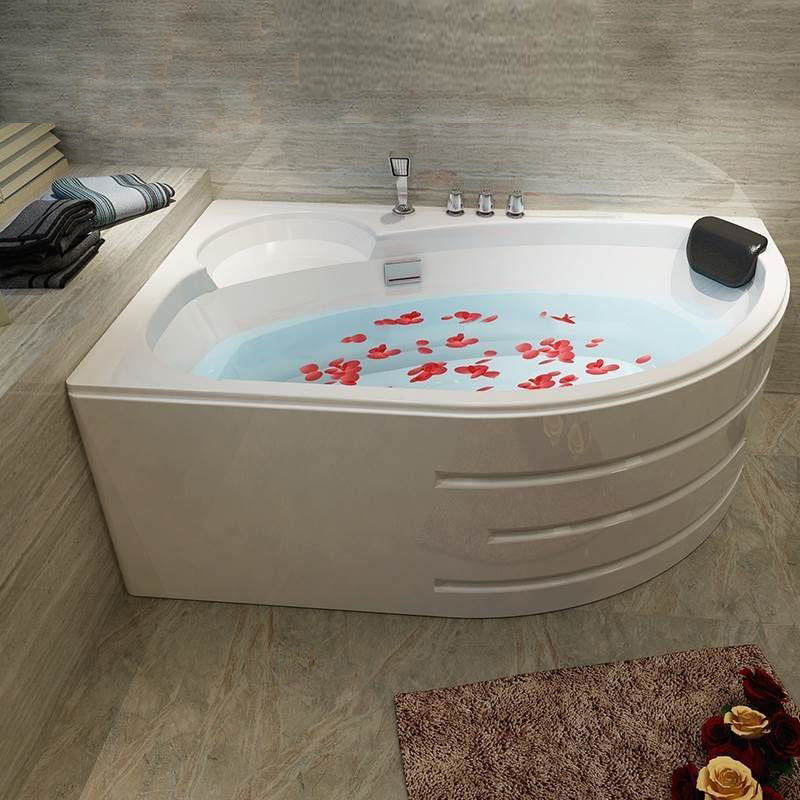 Back to Wall Bath Corner Acrylic Soaking White Modern Bathtub Left Tub with Silver 5-Piece Set Clearhalo 'Bathroom Remodel & Bathroom Fixtures' 'Bathtubs' 'Home Improvement' 'home_improvement' 'home_improvement_bathtubs' 'Showers & Bathtubs' 7185405
