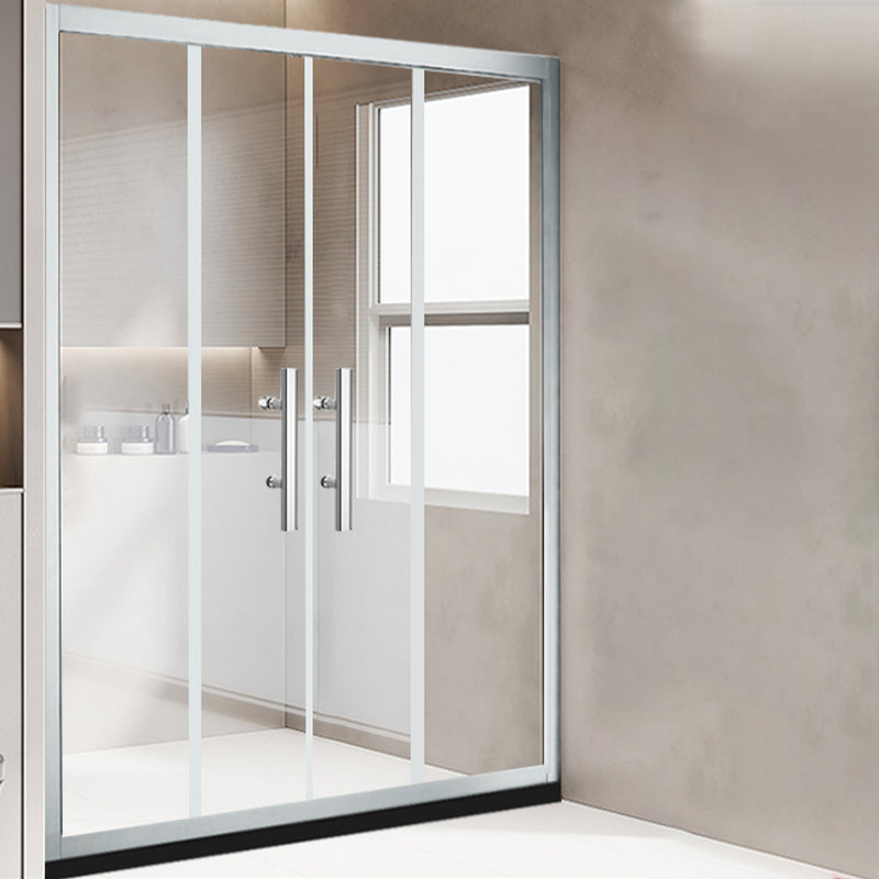 One-shaped Sliding Shower Bath Door Transparent Tempered Glass Shower Door Silver Symmetrical Clearhalo 'Bathroom Remodel & Bathroom Fixtures' 'Home Improvement' 'home_improvement' 'home_improvement_shower_tub_doors' 'Shower and Tub Doors' 'shower_tub_doors' 'Showers & Bathtubs' 7188280