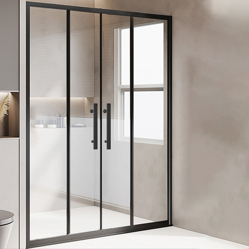 One-shaped Sliding Shower Bath Door Transparent Tempered Glass Shower Door Black Symmetrical Clearhalo 'Bathroom Remodel & Bathroom Fixtures' 'Home Improvement' 'home_improvement' 'home_improvement_shower_tub_doors' 'Shower and Tub Doors' 'shower_tub_doors' 'Showers & Bathtubs' 7188281