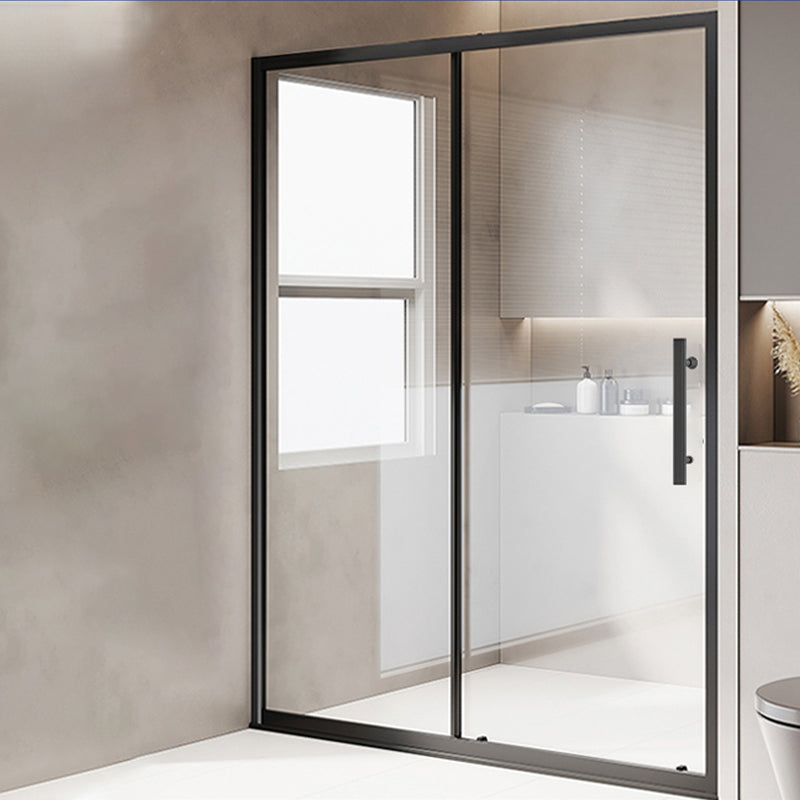 One-shaped Sliding Shower Bath Door Transparent Tempered Glass Shower Door Black Right Clearhalo 'Bathroom Remodel & Bathroom Fixtures' 'Home Improvement' 'home_improvement' 'home_improvement_shower_tub_doors' 'Shower and Tub Doors' 'shower_tub_doors' 'Showers & Bathtubs' 7188285