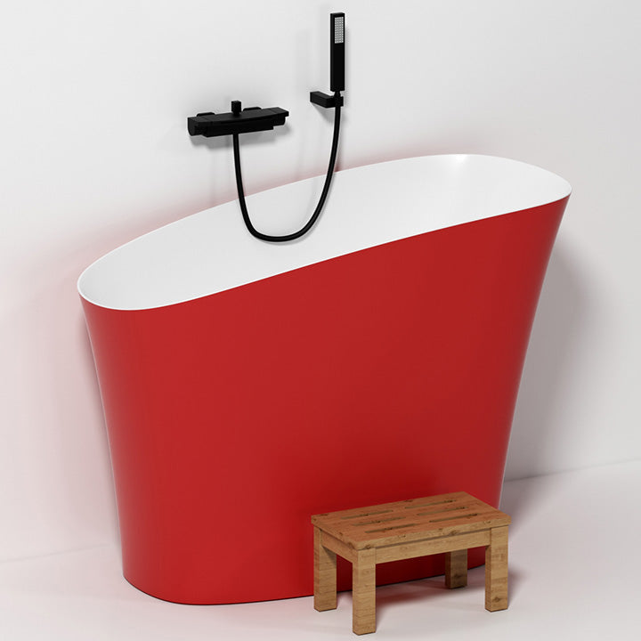 Antique Finish Soaking Oval Bath Stand Alone Modern Bathtub (Stool not Included) Red Tub with Wall Mounted Faucets Clearhalo 'Bathroom Remodel & Bathroom Fixtures' 'Bathtubs' 'Home Improvement' 'home_improvement' 'home_improvement_bathtubs' 'Showers & Bathtubs' 7194747