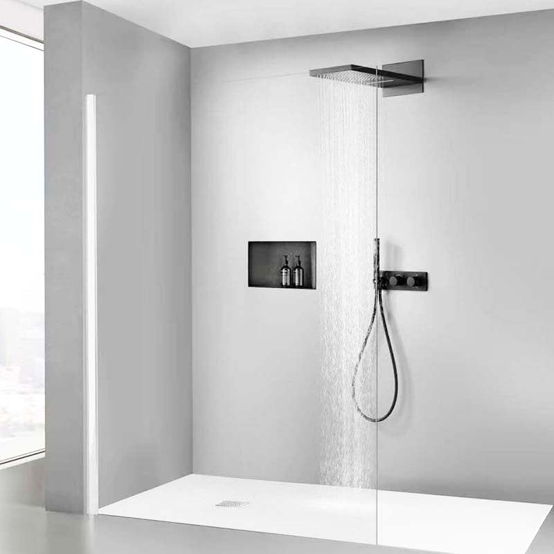 Modern Solid Color Shower Combo Ceiling Mounted Shower System Black 12"L x 12"W Three Function Thermostatic Model Clearhalo 'Bathroom Remodel & Bathroom Fixtures' 'Home Improvement' 'home_improvement' 'home_improvement_shower_faucets' 'Shower Faucets & Systems' 'shower_faucets' 'Showers & Bathtubs Plumbing' 'Showers & Bathtubs' 7195284