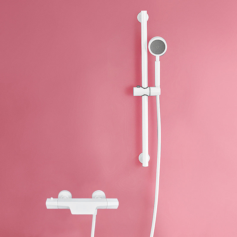 Contemporary White Wall Mounted Shower Set Round Handheld Shower Head Slide Bar Included Thermostatic Spray Gun Not Included Clearhalo 'Bathroom Remodel & Bathroom Fixtures' 'Home Improvement' 'home_improvement' 'home_improvement_shower_faucets' 'Shower Faucets & Systems' 'shower_faucets' 'Showers & Bathtubs Plumbing' 'Showers & Bathtubs' 7195312