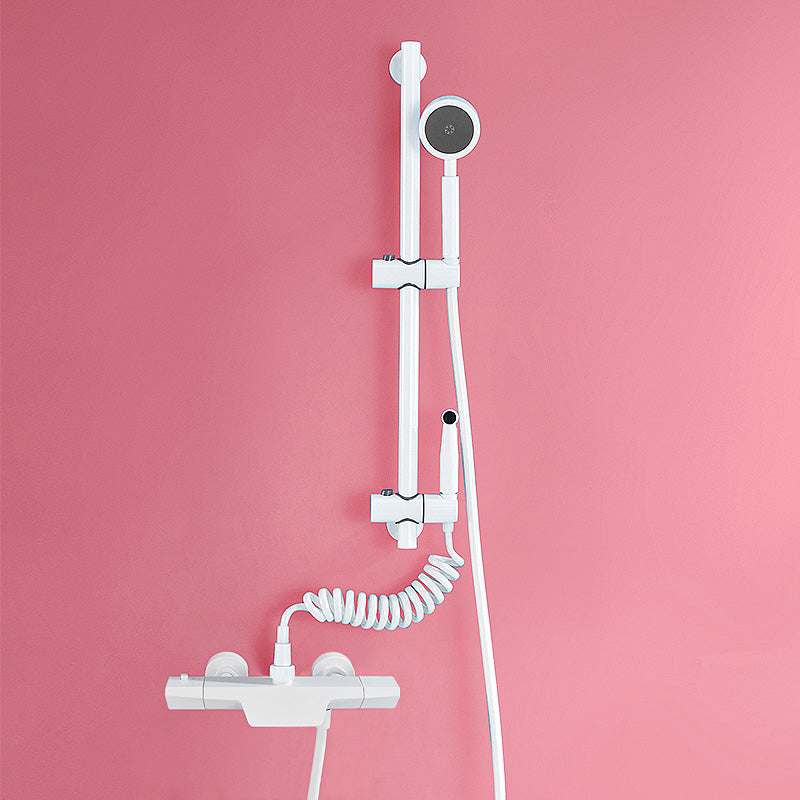 Contemporary White Wall Mounted Shower Set Round Handheld Shower Head Slide Bar Included Thermostatic Spray Gun Included Clearhalo 'Bathroom Remodel & Bathroom Fixtures' 'Home Improvement' 'home_improvement' 'home_improvement_shower_faucets' 'Shower Faucets & Systems' 'shower_faucets' 'Showers & Bathtubs Plumbing' 'Showers & Bathtubs' 7195314