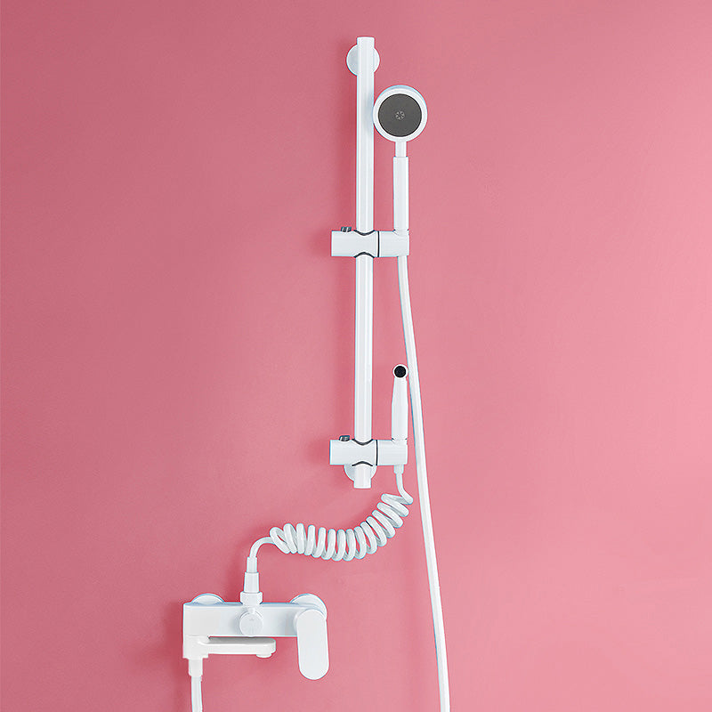 Contemporary White Wall Mounted Shower Set Round Handheld Shower Head Slide Bar Included Temperature Control Spray Gun Included Clearhalo 'Bathroom Remodel & Bathroom Fixtures' 'Home Improvement' 'home_improvement' 'home_improvement_shower_faucets' 'Shower Faucets & Systems' 'shower_faucets' 'Showers & Bathtubs Plumbing' 'Showers & Bathtubs' 7195316