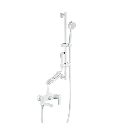 Contemporary White Wall Mounted Shower Set Round Handheld Shower Head Slide Bar Included Clearhalo 'Bathroom Remodel & Bathroom Fixtures' 'Home Improvement' 'home_improvement' 'home_improvement_shower_faucets' 'Shower Faucets & Systems' 'shower_faucets' 'Showers & Bathtubs Plumbing' 'Showers & Bathtubs' 7195318