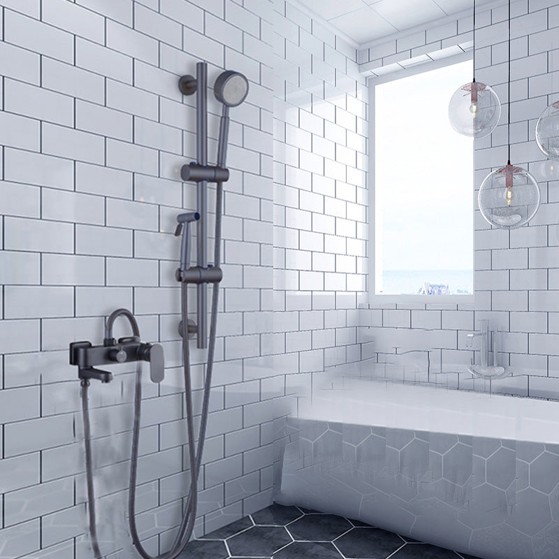 Modern Round Shower Combo Wall Mounted Included Hand Shower and Faucet Dark Gray Temperature Control Spray Gun Included Clearhalo 'Bathroom Remodel & Bathroom Fixtures' 'Home Improvement' 'home_improvement' 'home_improvement_shower_faucets' 'Shower Faucets & Systems' 'shower_faucets' 'Showers & Bathtubs Plumbing' 'Showers & Bathtubs' 7195326