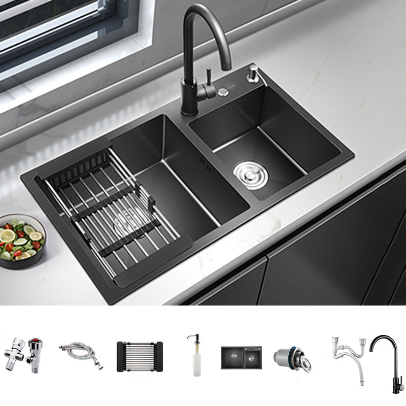 Modern Style Kitchen Sink Stainless Steel Kitchen Double Sink in Black Sink with Faucet Round Faucet Clearhalo 'Home Improvement' 'home_improvement' 'home_improvement_kitchen_sinks' 'Kitchen Remodel & Kitchen Fixtures' 'Kitchen Sinks & Faucet Components' 'Kitchen Sinks' 'kitchen_sinks' 7195402
