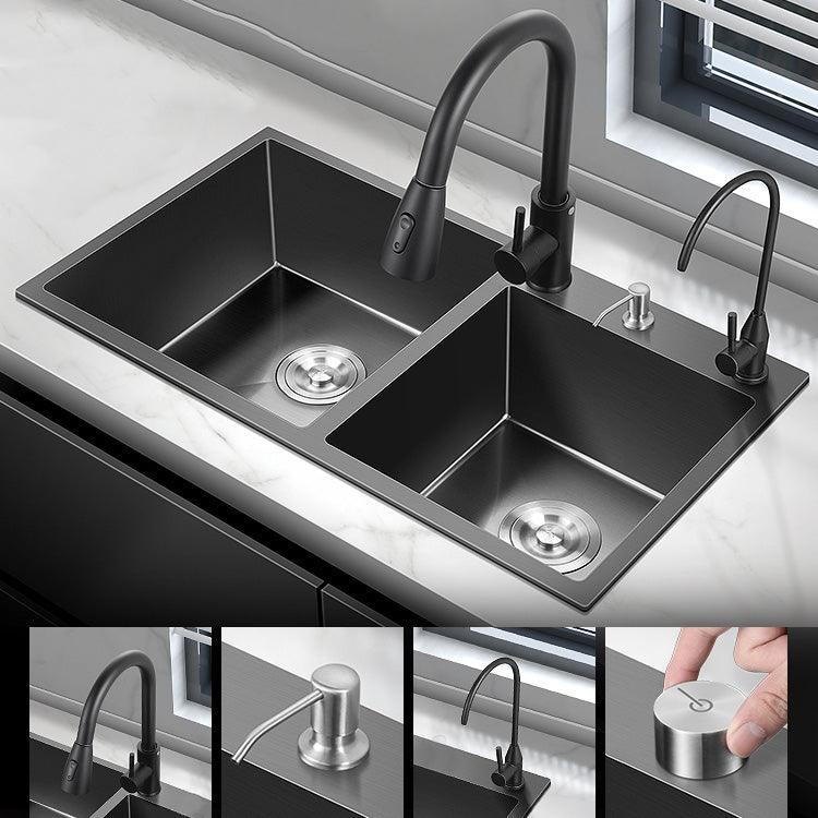 Modern Style Kitchen Sink Stainless Steel Kitchen Double Sink in Black Clearhalo 'Home Improvement' 'home_improvement' 'home_improvement_kitchen_sinks' 'Kitchen Remodel & Kitchen Fixtures' 'Kitchen Sinks & Faucet Components' 'Kitchen Sinks' 'kitchen_sinks' 7195403