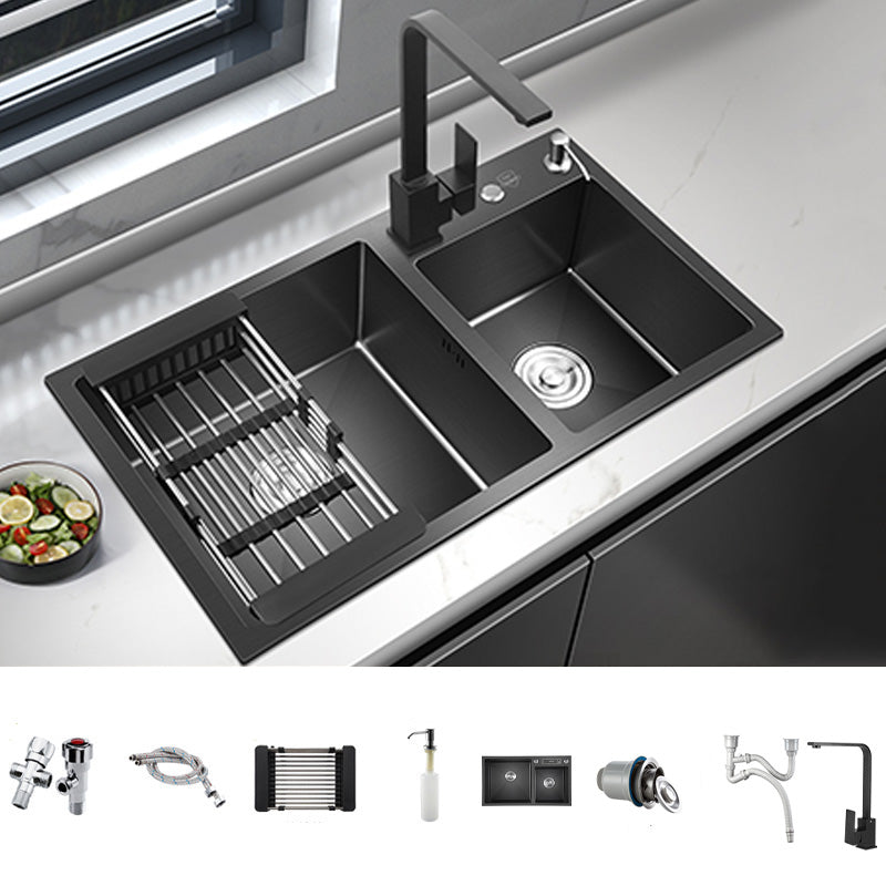 Modern Style Kitchen Sink Stainless Steel Kitchen Double Sink in Black Sink with Faucet Square Faucet Clearhalo 'Home Improvement' 'home_improvement' 'home_improvement_kitchen_sinks' 'Kitchen Remodel & Kitchen Fixtures' 'Kitchen Sinks & Faucet Components' 'Kitchen Sinks' 'kitchen_sinks' 7195404
